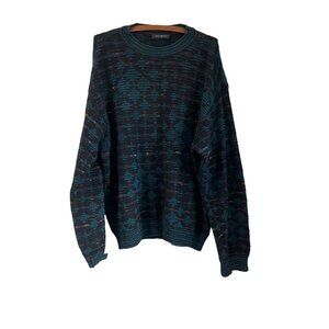 VTG Jhane Barnes Mens Blue Black Wool Blend 3D Knit Pullover Sweater Size M